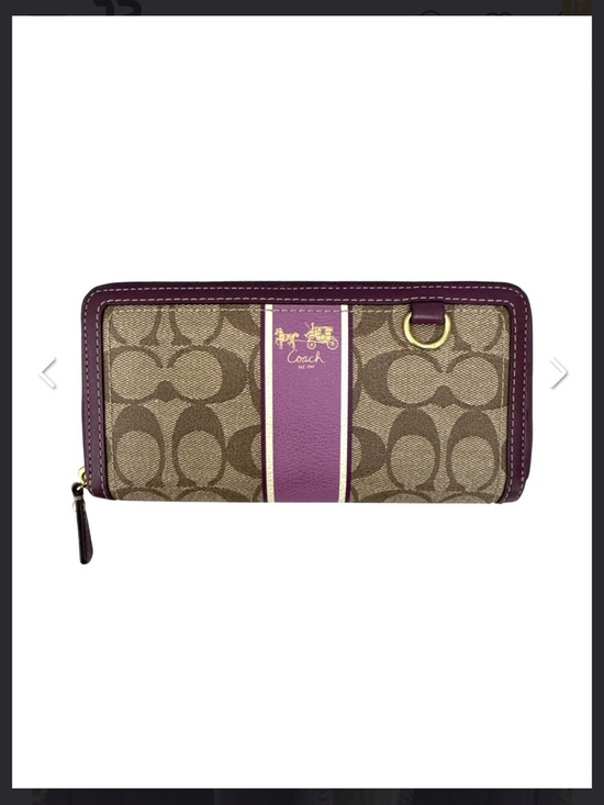 Coach Handbags - Coach Brown Signature Canvas Zip Wallet with Purple Trim